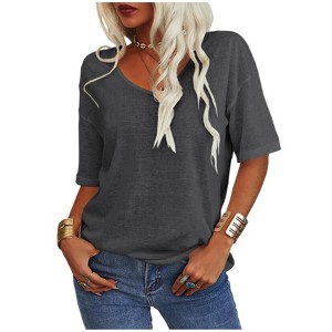 Imily Bela Women's Casual V Neck Half Sleeve Oversized T Shirt Solid Color Basic Top - 1 of 4
