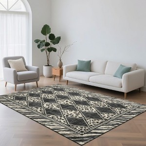 Modern Washable Area Rug, Checkered Leopard Print Floor Cover with Non Slip Backing, Low Pile Stain Resistant Indoor Carpet - 1 of 4