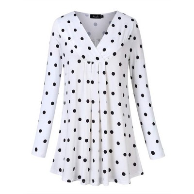 Women's Plus Size Long Sleeve V Neck Tunic Tops Pleated Flowy Tee Shirt Causal Loose Blouse, White Cloth Black Polka Dot, 3XL