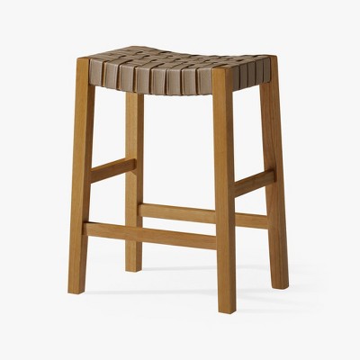 HomeRoots 26" Stone and Natural Faux Leather and Solid Wood Backless Counter Height Bar Chair