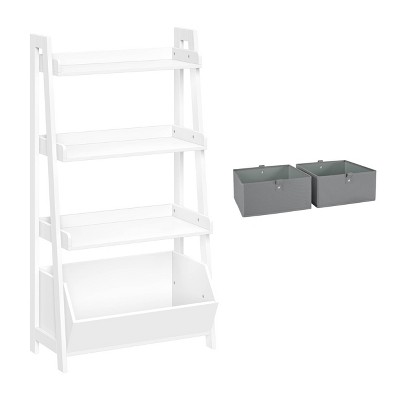 RiverRidge Amery 4-Tier 24in Ladder Shelf with Display Shelf and Storage Organizer Bin - White with 2 5in Fabric Bins