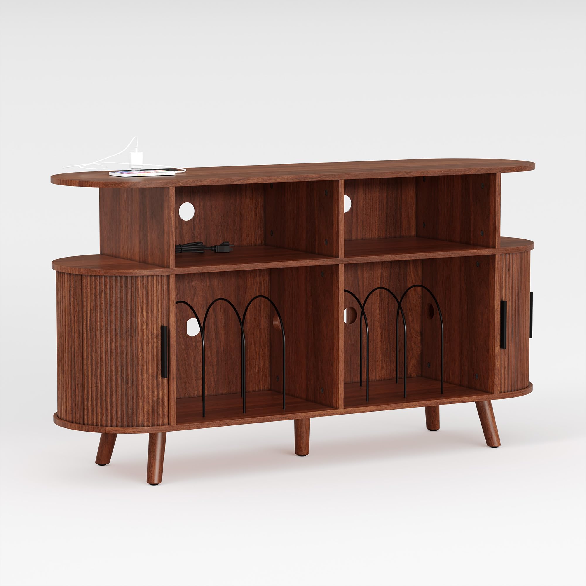 Record Player Stand with Storage & Charging Station, Mid-Century Modern Vinyl Cabinet with USB, Walnut