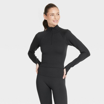 Women's Seamless 1/2 Zip Pullover Jacket - All In Motion™ Black M: Moisture Wicking, Long Sleeve, Mock Turtle Neck,  Top