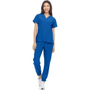 Hey Collection Womens Stretch V-Neck Jogger Scrubs Set, Medical Nursing Tops with Four Pocket Pants - 1 of 4