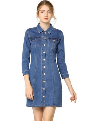 INSPIRE CHIC Women's 3/4 Sleeve Button Down Denim Shirt Dress