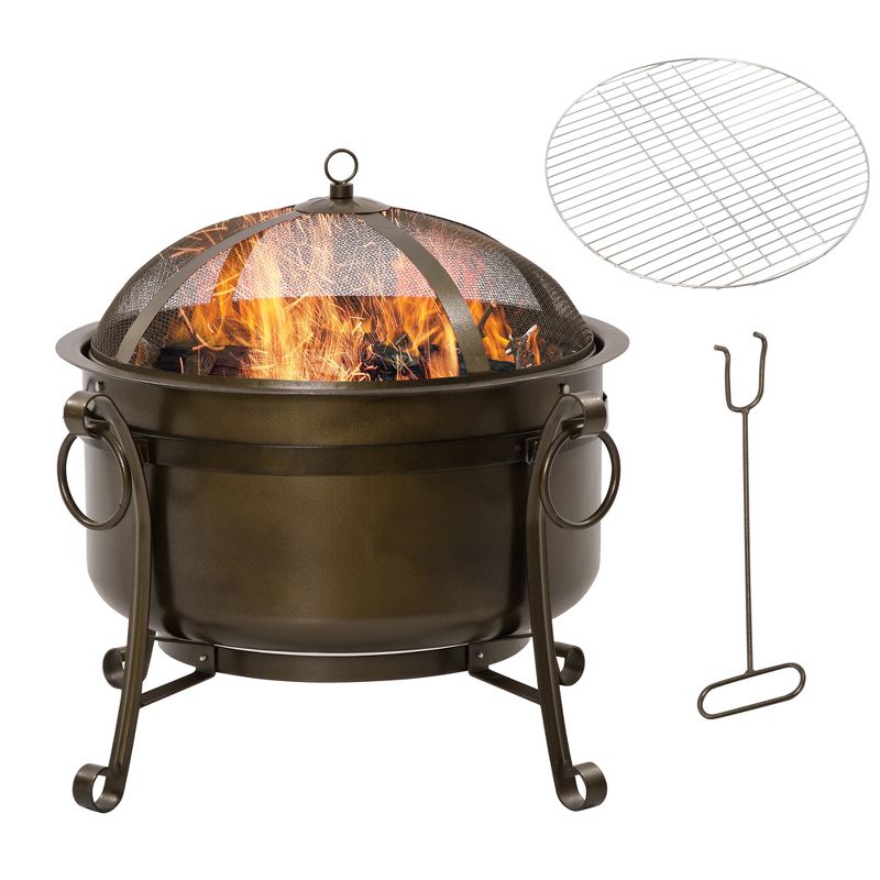 Outsunny 30" Outdoor Fire Pit Grill, Portable Steel Wood Burning Bowl, Cooking Grate, Poker, Spark Screen Lid for Patio, Camping, Bronze Colored, 1 of 7