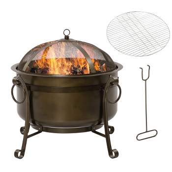 Outsunny 30" Outdoor Fire Pit Grill, Portable Steel Wood Burning Bowl, Cooking Grate, Poker, Spark Screen Lid for Patio, Camping, Bronze Colored