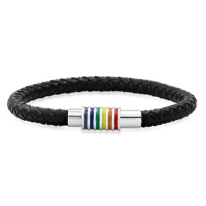 Steeltime Men's black braided leather bracelet with stainless and multi colored enamel magnetic clasp - 1 of 4