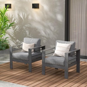 Heynemo Patio Furniture Metal Armchair,2 PCS All-Weather Aluminum Garden Outdoor Contemporary Sofa Chair (White) with Cushions (Light Grey) - 1 of 4