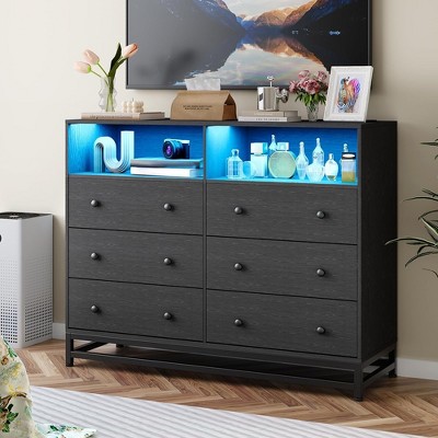 6 Drawer Double Dresser TV Stand, Bedroom Dresser with Power Outlet & LED Light