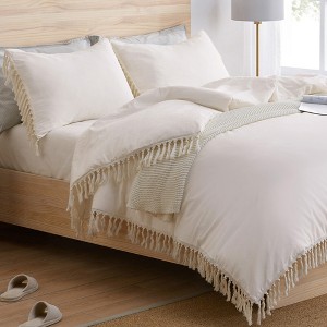 Sweet Jojo Designs Queen Duvet Cover and Shams Set Boho Fringe Tassels Ivory 3pc - 1 of 4