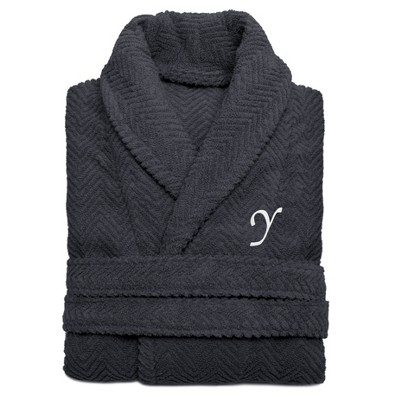Linum Home Textiles 100% Turkish Cotton Unisex Personalized Herringbone Dark Grey Bathrobe in White Chancery Font