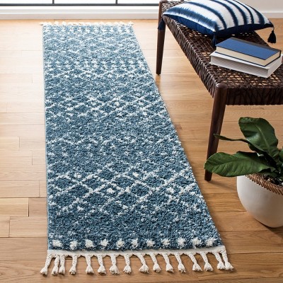 Square Blue and Ivory Synthetic Shag Area Rug