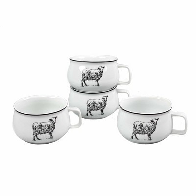 Omniware Country Farm 20oz Soup Bowl Mug Set of 4 - Stoneware with Handle, Cartoon Animal Design, Dishwasher Safe