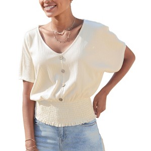 Women's V-Neck Smocked Top - LASCANA - 1 of 4