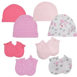 Everyday Kids 8-Piece Baby Girls Hat and Mittens Set – 4 Cotton Beanies and 4 No-Scratch Mittens for Newborns – Pink Fox Print - 1 of 4