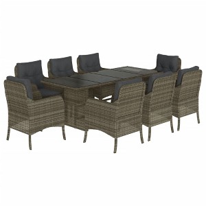 vidaXL 9 Piece Patio Dining Set with Cushions - Gray PE Rattan, Tempered Glass Tabletop, Padded Seats - Garden/Backyard/Deck - 1 of 4