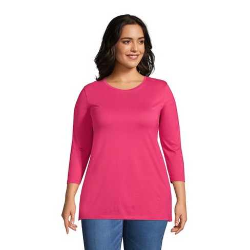 Basic Hot Pink Crew Neckline Long Sleeves Cotton T-Shirt