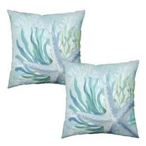 Coastal Nautical Starfish Pillow Covers 18x18 Set of 2 Ocean Coral Seagrass Summer Decorative Throw Pillow Cases - 1 of 4