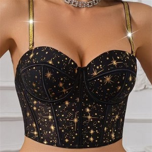 Clotth Women Golden Stars Print Bustier Top - Push Up Croset Top Underwire Bra with Adjustable Straps, Going Out Holiday Party Crop Tops, Black - 1 of 4