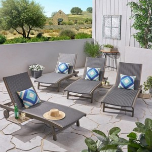 GDFStudio Leah Outdoor Wicker and Wood Armless Adjustable Chaise Lounges with Pull Out Tray (Set of 4) - 1 of 4