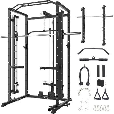 Power Cage, 1600LBS Power Rack with Smith Machine & LAT Pulldown - Multi-Functional Home Gym Squat Rack w/Dip Bars, J-Hooks, 21 Attachments