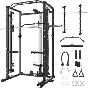 Power Cage, 1600LBS Power Rack with Smith Machine & LAT Pulldown - Multi-Functional Home Gym Squat Rack w/Dip Bars, J-Hooks, 21 Attachments - 1 of 4