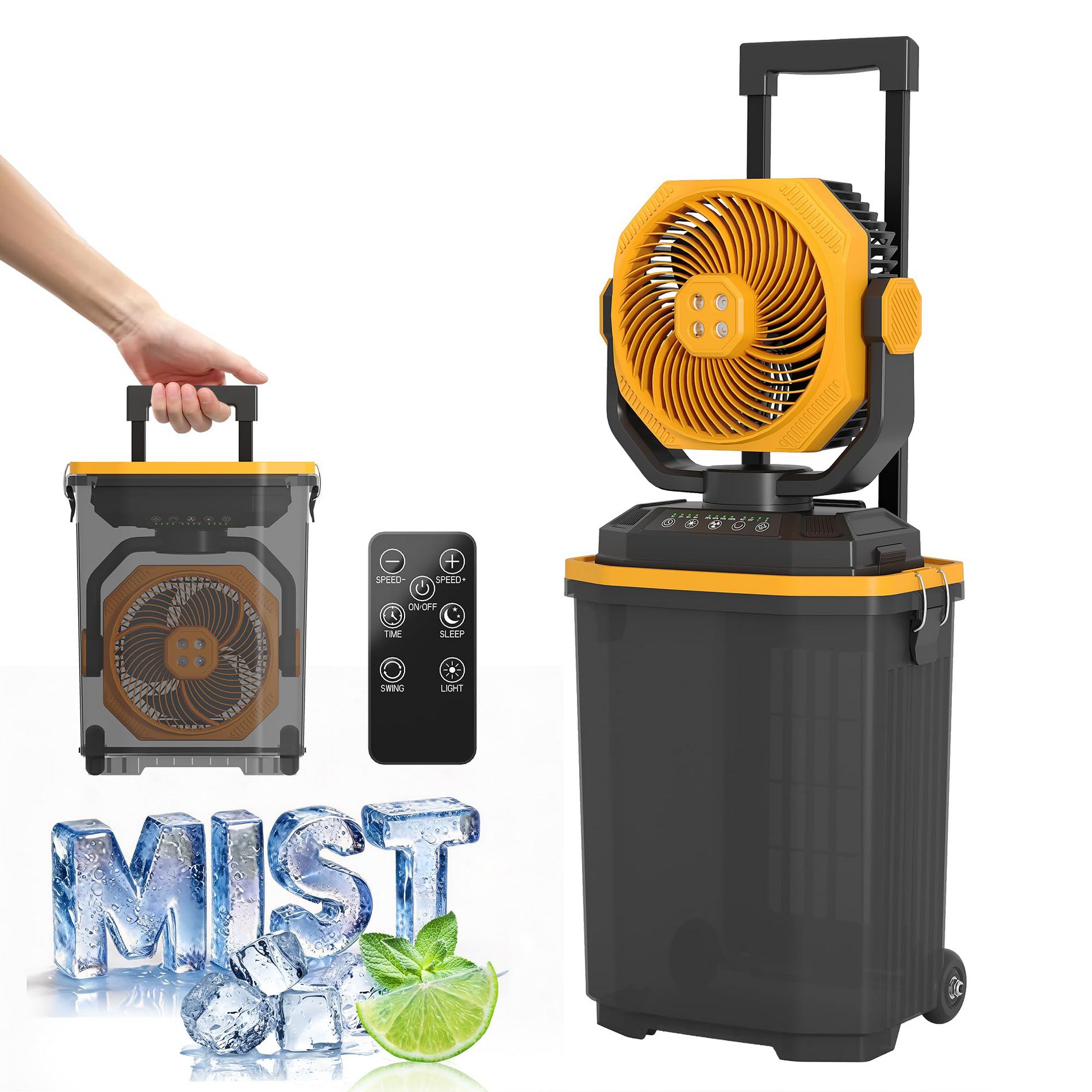 4 Gallon Misting Fan Portable 30000mAh Rechargeable Battery Operated Oscillating Outdoor Fan with Wheels & Retractable Handle Remote Control Camping