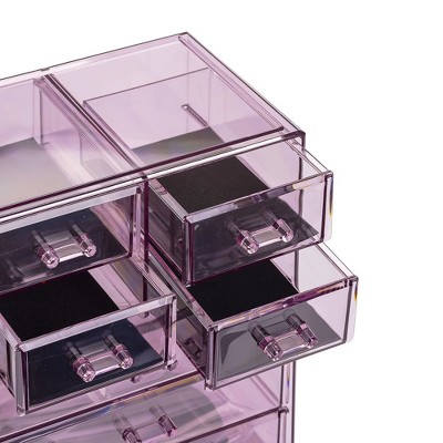 Purple Clear Acrylic Makeup Organizer with Drawers and Top Shelf
