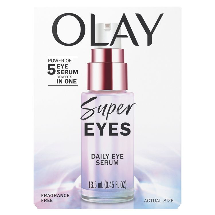 Olay packaging showing a lavender colored pump bottle labeled "Super EYES Daily Eye Serum" with text reading "13.5 mL (0.45 FL OZ)", "Power of 5 Eye Serum Benefits in One", and "Fragrance Free".
