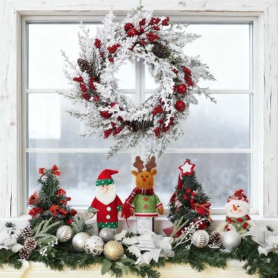 18 Inch White Snow Flocked Winter Wreath with Pine Cones Small Red Apples for Home Indoor Outdoor Decor