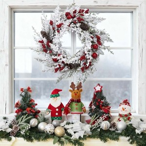 18 Inch White Snow Flocked Winter Wreath with Pine Cones Small Red Apples for Home Indoor Outdoor Decor - 1 of 4
