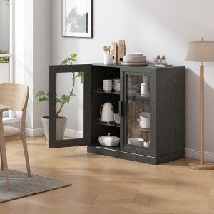 Wood Accent Cabinet in Black, Storage Organizer with Adjustable Shelves and Glass Doors for Kitchen Bedroom Living/Dinning Room - 1 of 4