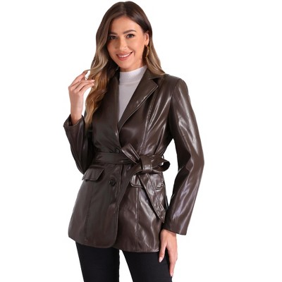 Allegra K Women's Faux Leather Button Down Notched Lapel Tie Waist Blazer Jackets with Pocket