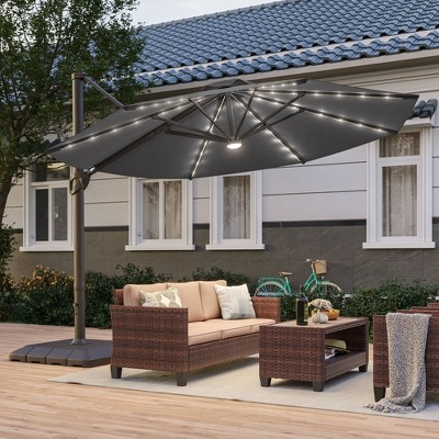 Sonkuki Outdoor 11Ft Aluminum LED Cantilever Patio Umbrella with Base for Patio Deck Garden