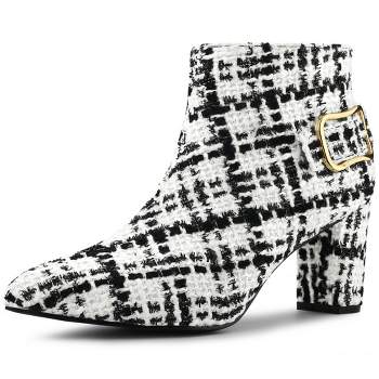 Allegra K Women's Plaid Pointed Toe Chunky Heels Ankle Boots