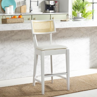 White and Natural Wood Cane Counter Stool with Cushion