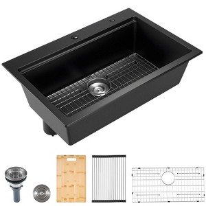 VEVOR 33 inch Kitchen Sink Workstation, Top Mount Granite Sinks, Drop-In Single Bowl Farmhouse Basin with Multiple Accessories, (Black) - 1 of 4