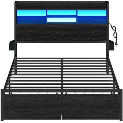 Furnulem Bed Frame with Wood Headboard and Storage Shelf, Metal Platform Bed Frame, LED Lights and Charging Station, No Box Spring Needed, Noise Free