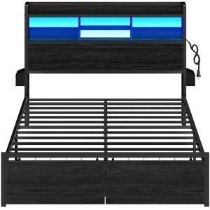 Furnulem Bed Frame with Wood Headboard and Storage Shelf, Metal Platform Bed Frame, LED Lights and Charging Station, No Box Spring Needed, Noise Free - 1 of 4