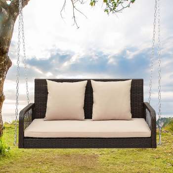 Costway Patio Wicker Porch Swing 2-Person Hanging Loveseat Bench Chair with Cushions Beige/Black