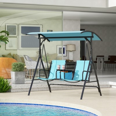 Blue 2-Person Outdoor Swing with Adjustable Canopy and Storage