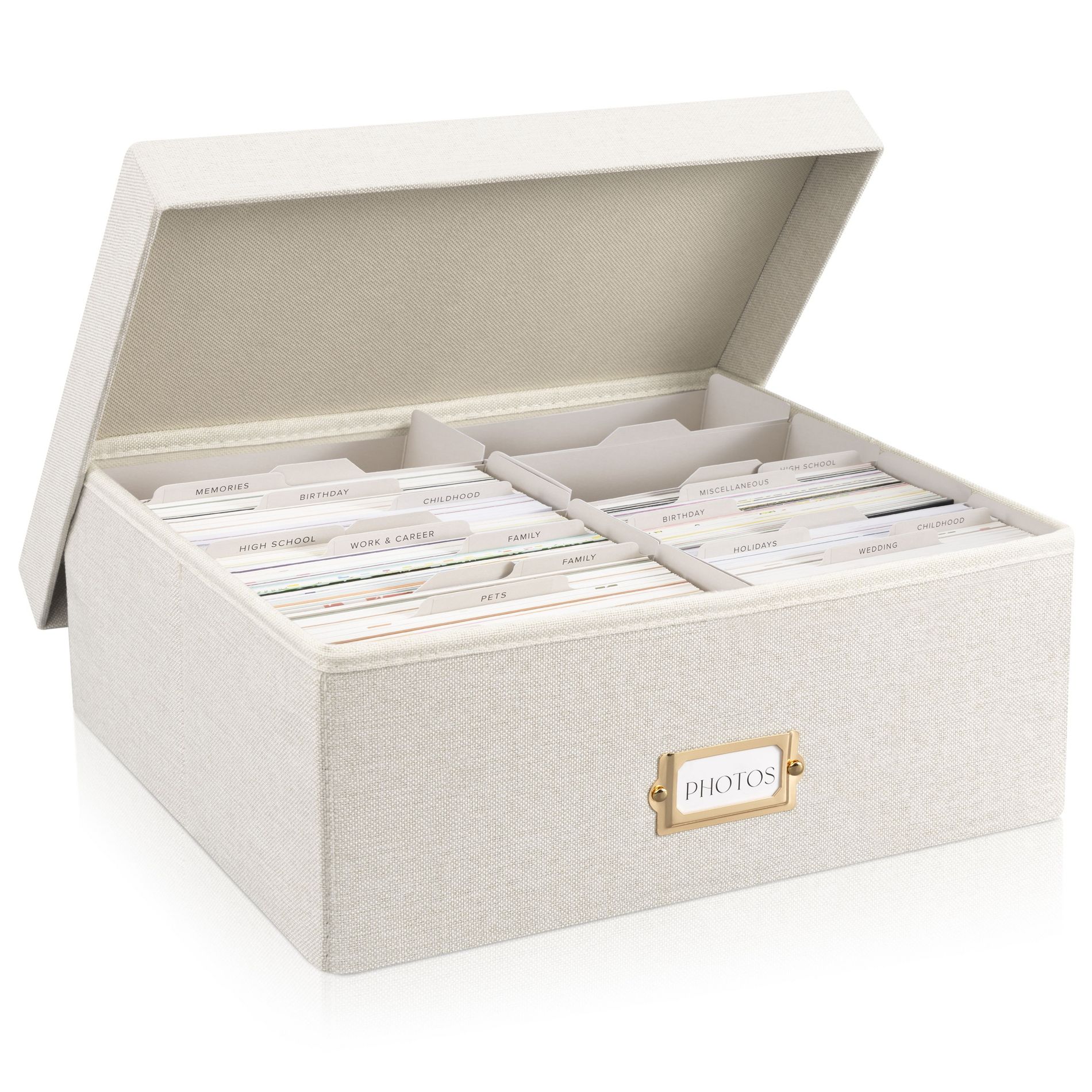 ZICOTO Decorative Photo Storage Box – Linen Organizer with Lid & Dividers Holds up to 1700 4x6 Photos – Portable, Sturdy Scrapbook Storage Solution