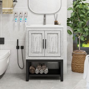 Bathroom Vanity With Ceramic Sink And Hot And Cold Faucet,Freestanding Bathroom Storage Cabinet With 2 Doors And Open Iron Shelf-Maison Boucle - 1 of 4