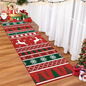 Christmas Area Rug, Washable Ultra-Thin Non-Slip Holiday Carpet with Reindeer & Snowflake Print for Living Room Bedroom Entryway, Red - 1 of 4