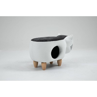 Whimsical White and Gray Cat Storage Ottoman with Wood Legs