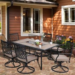 7pc Patio Dining Set with Rectangular Table with Umbrella Hole & Swivel Chairs - Captiva Designs