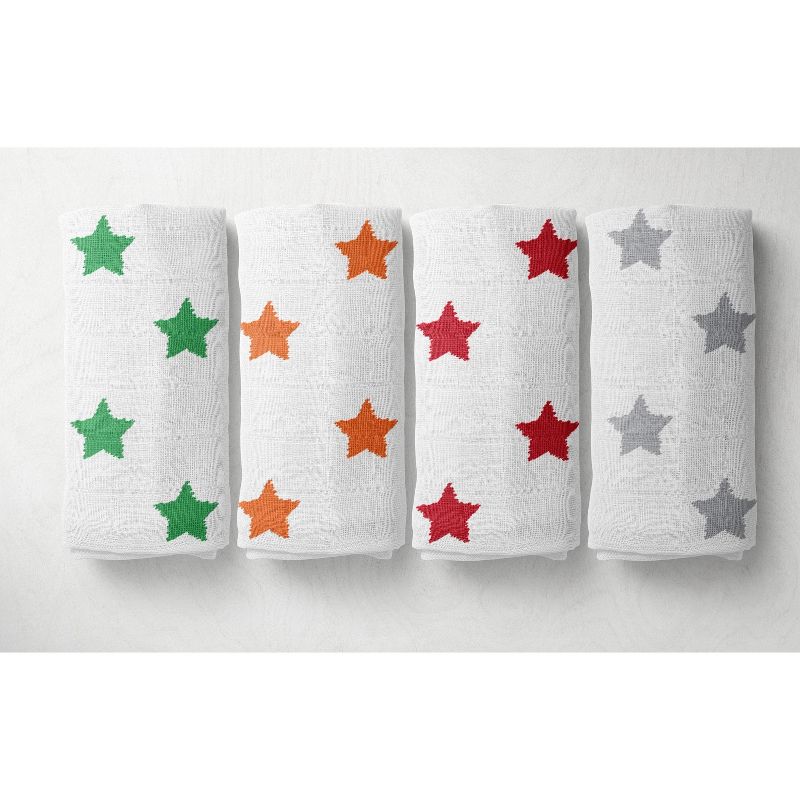 Bacati - Stars Neutral Swaddling Muslin Blankets of 4 (Green,Orange,Red,Gray), 1 of 6