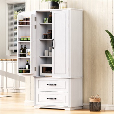 LunaLulinlk Farmhouse Kitchen Pantry Cabinet with 2 Large Drawers,Embossed Texture Freestanding Cupboard Cabinet