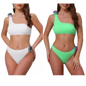 INSPIRE CHIC Women's 3D Rose Floral One Shoulder Ribbed Triangle Bottoms Swimwear Bathing Bikini Suits 2 Sets - 1 of 4